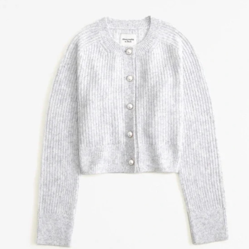 Gray Ribbed Cardigan with Pearl Buttons